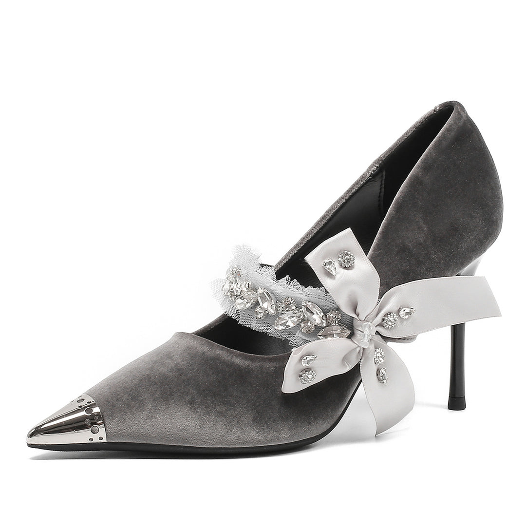pointed toe velvet pumps with ribbon bow and crystal strap – VELORA