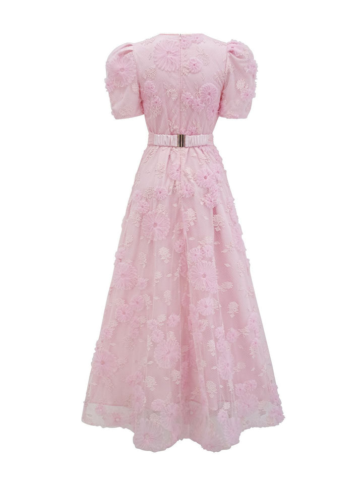 short-sleeve floral embroidered maxi dress with bow waist – ROSÉLLE