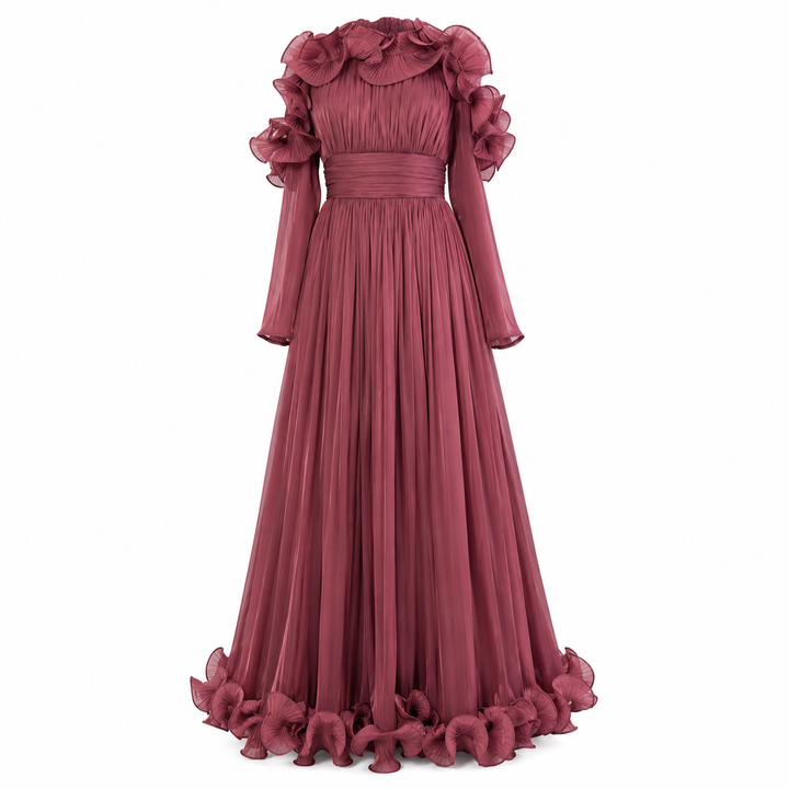 Ruffled Pleated Chiffon Maxi Dress - Midnight