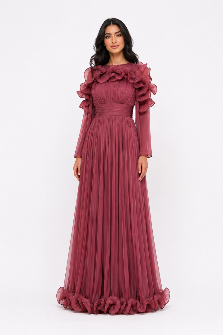 Ruffled Pleated Chiffon Maxi Dress - Midnight