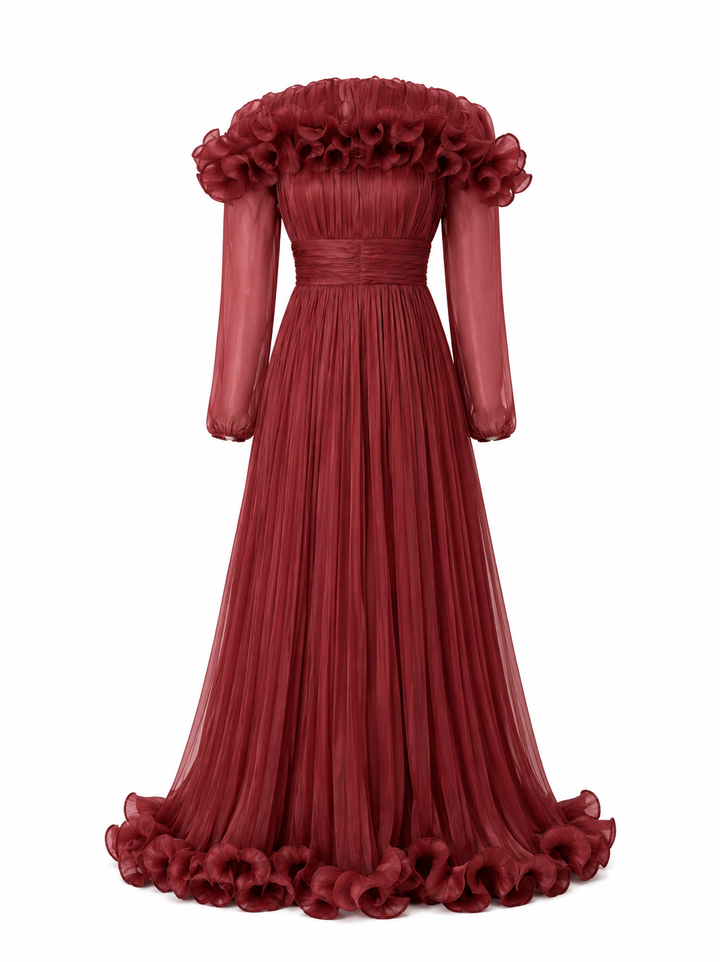 Ruffled Pleated Chiffon Maxi Dress - Midnight