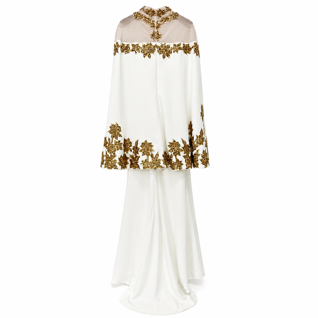 White & Gold Embellished Modest Evening Dress - Majesty