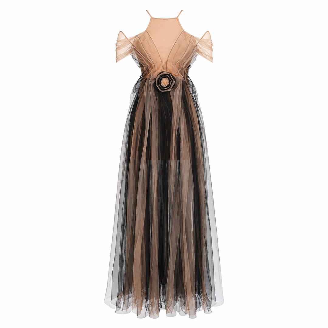 Illusion Tulle Evening Gown - Mocha