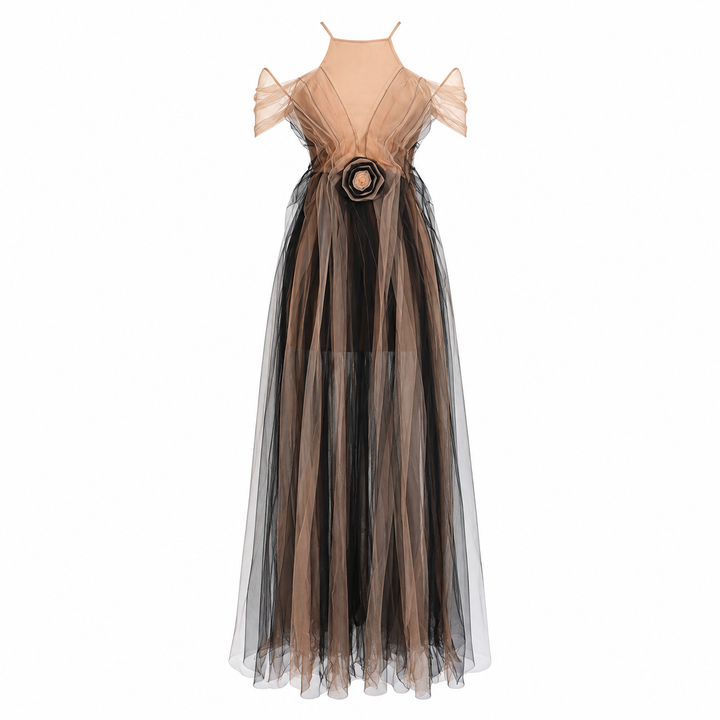 Illusion Tulle Evening Gown - Mocha