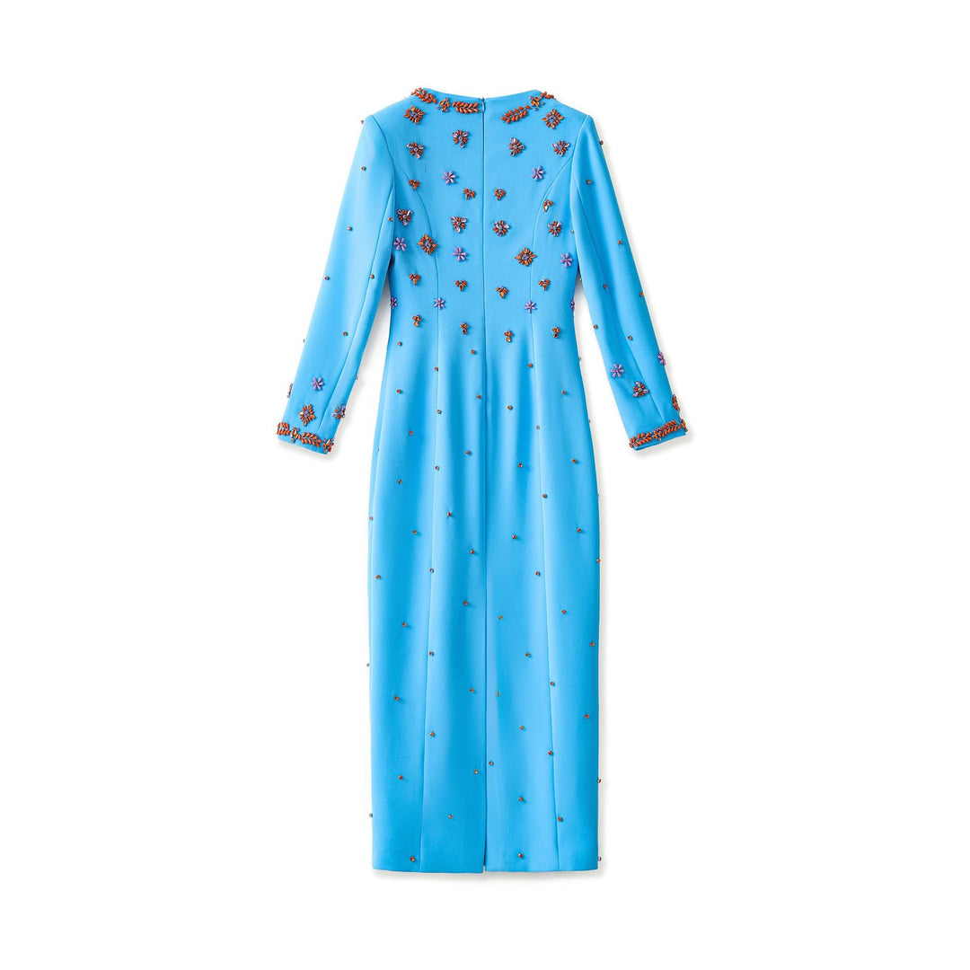 long sleeve column dress with floral crystal embellishment – AZURA