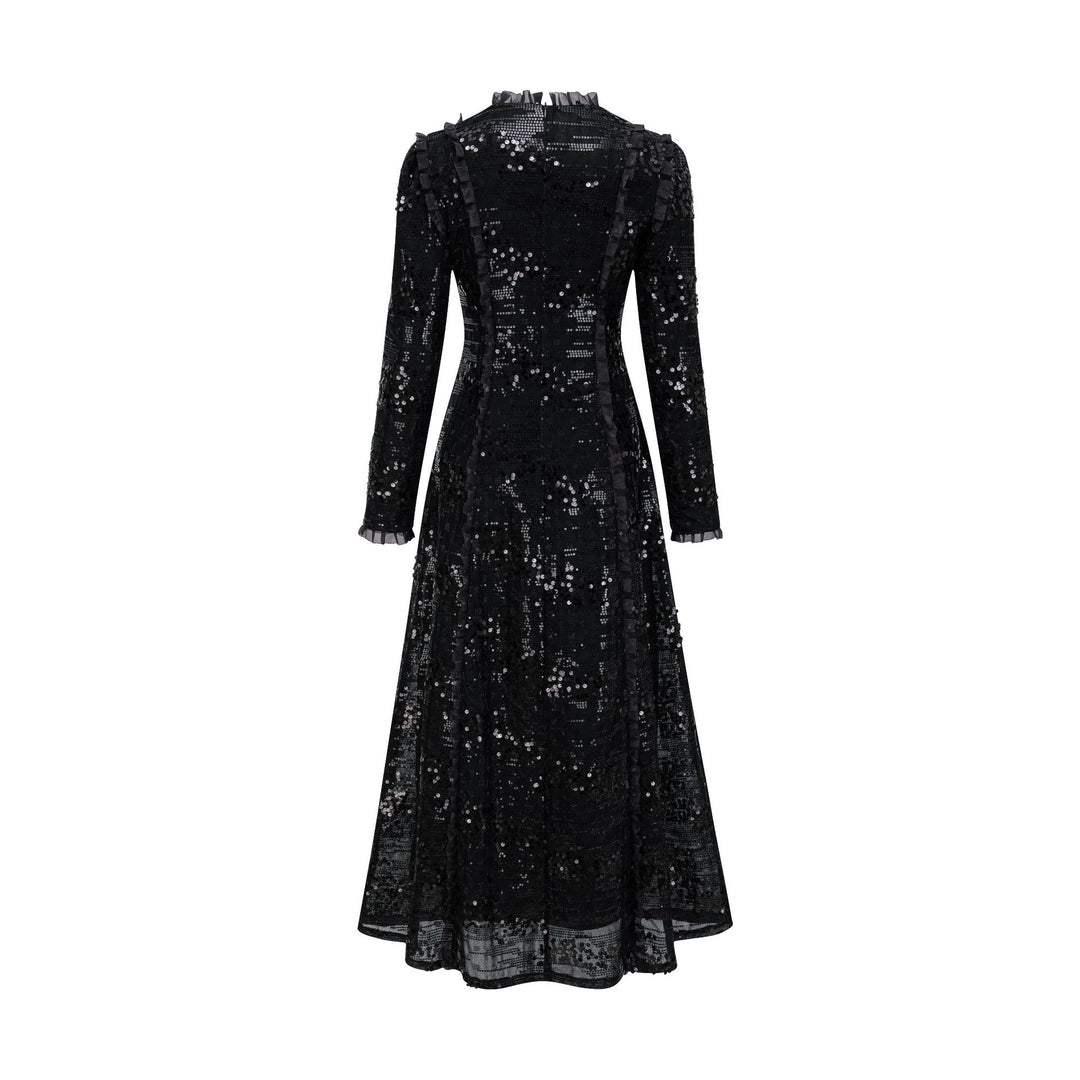 long sleeve embellished lace midi dress with high neck – CHAMPAGNE
