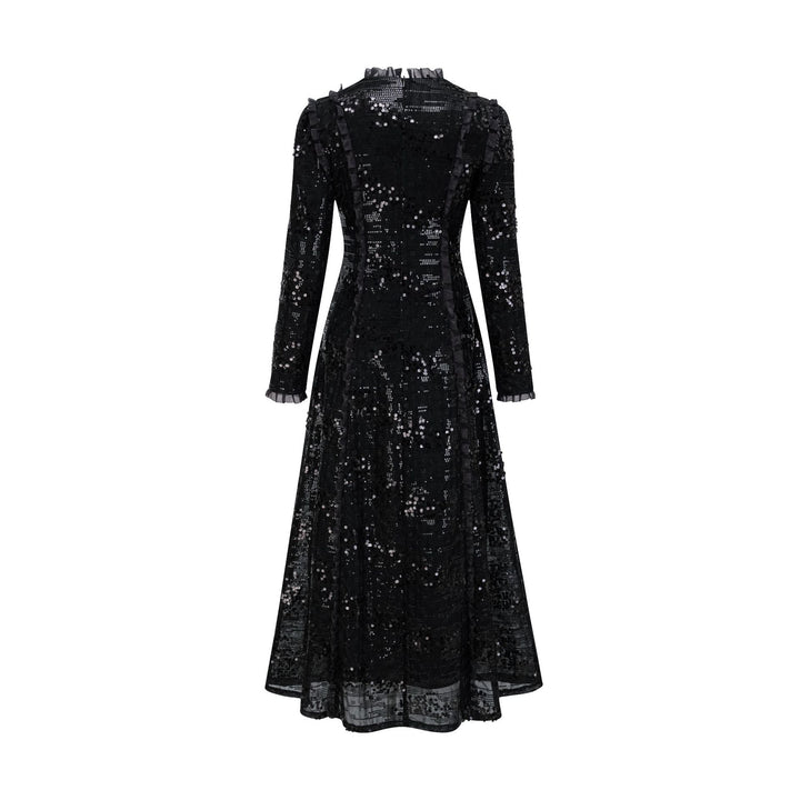 long sleeve embellished lace midi dress with high neck – CHAMPAGNE