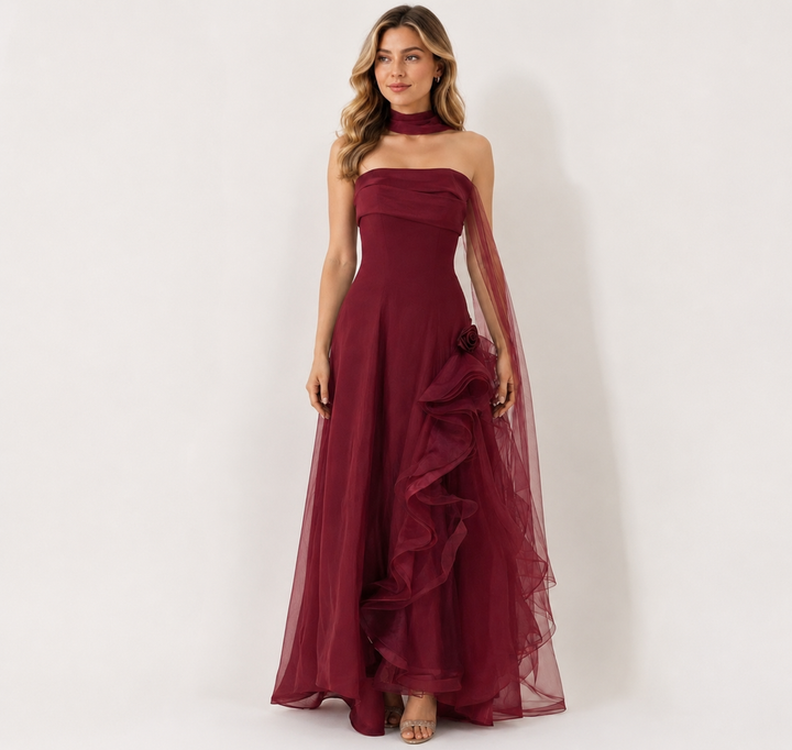 Ruffle Accent Strapless Evening Dress — Bordeaux