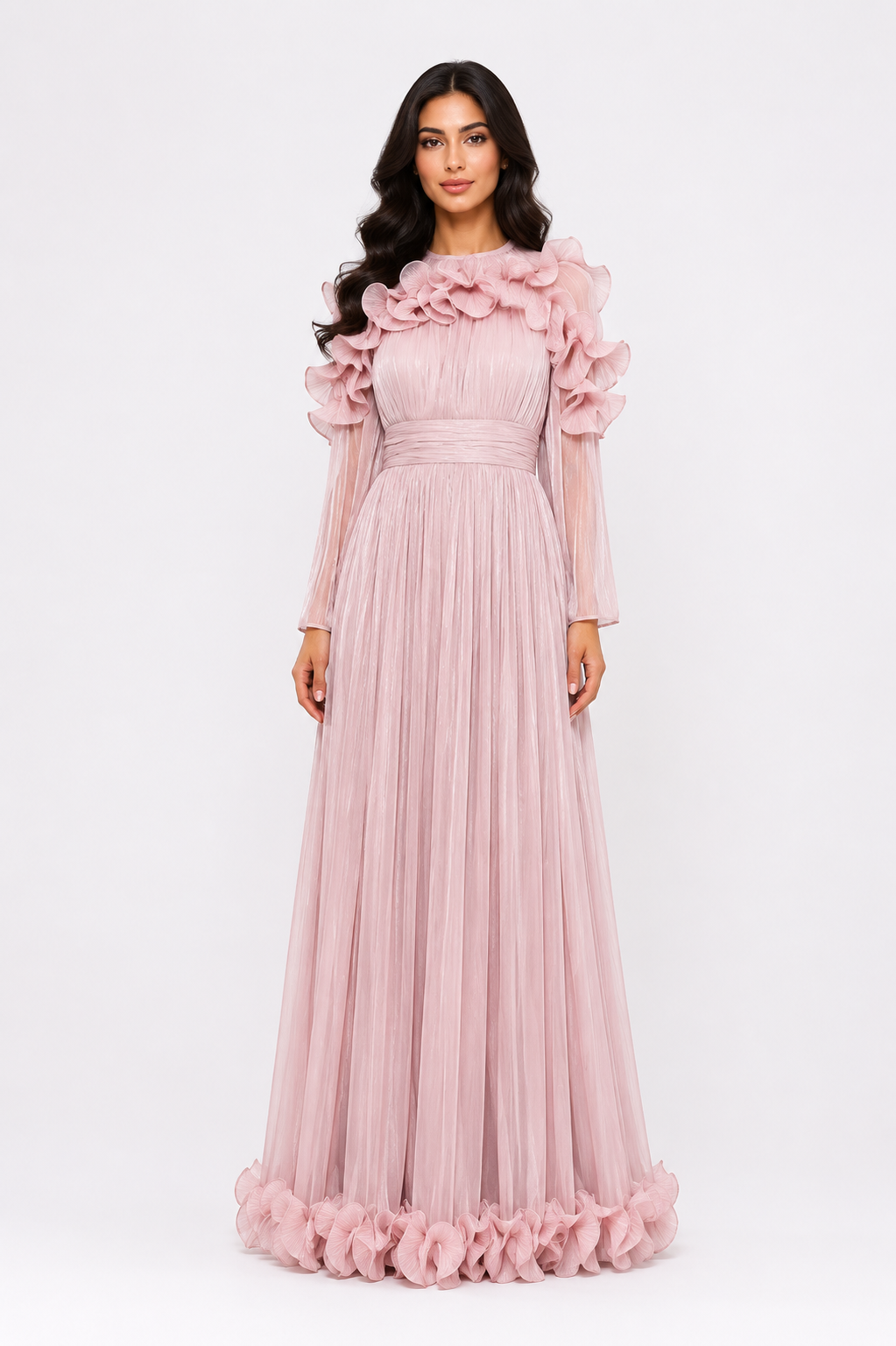 Ruffled Pleated Chiffon Maxi Dress - Midnight