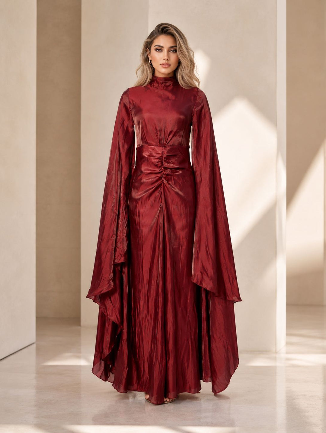 Burgundy Chiffon Maxi Dress – Dramatic Butterfly Sleeves & Ruched Waist