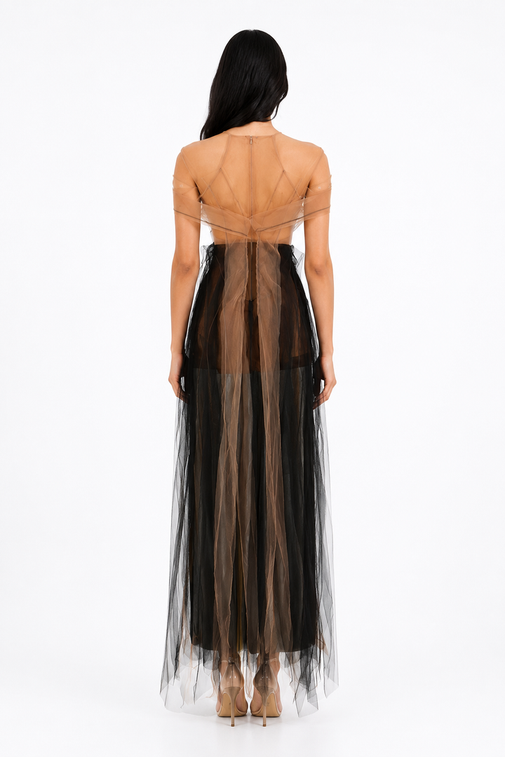 Illusion Tulle Evening Gown - Mocha