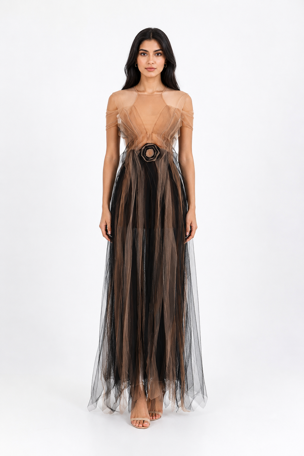 Illusion Tulle Evening Gown - Mocha