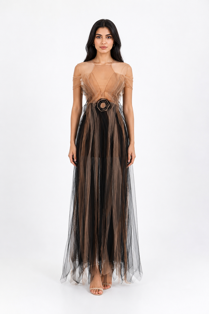 Illusion Tulle Evening Gown - Mocha