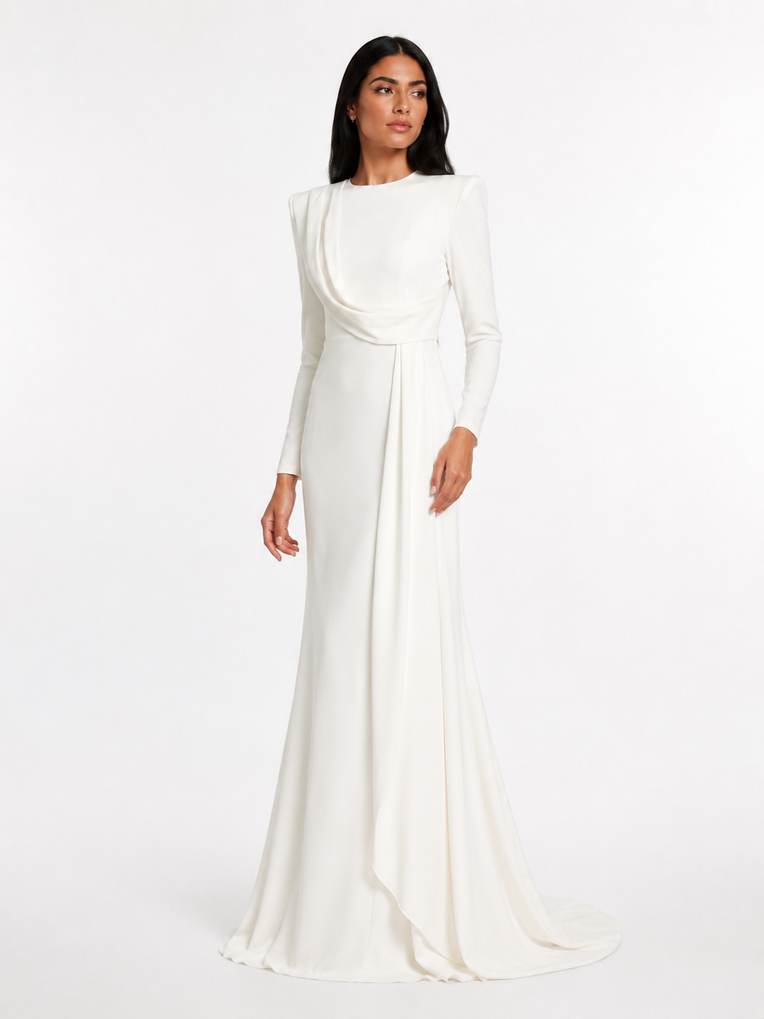 Draped Long Sleeve Maxi Gown - Pearl