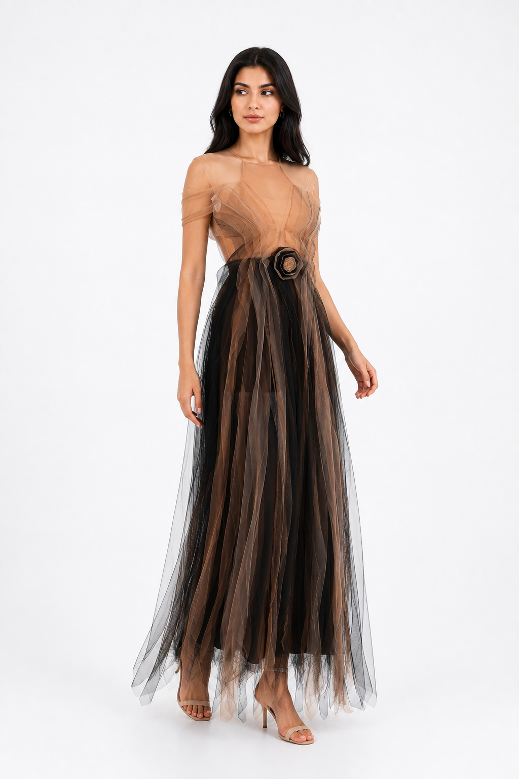 Illusion Tulle Evening Gown - Mocha