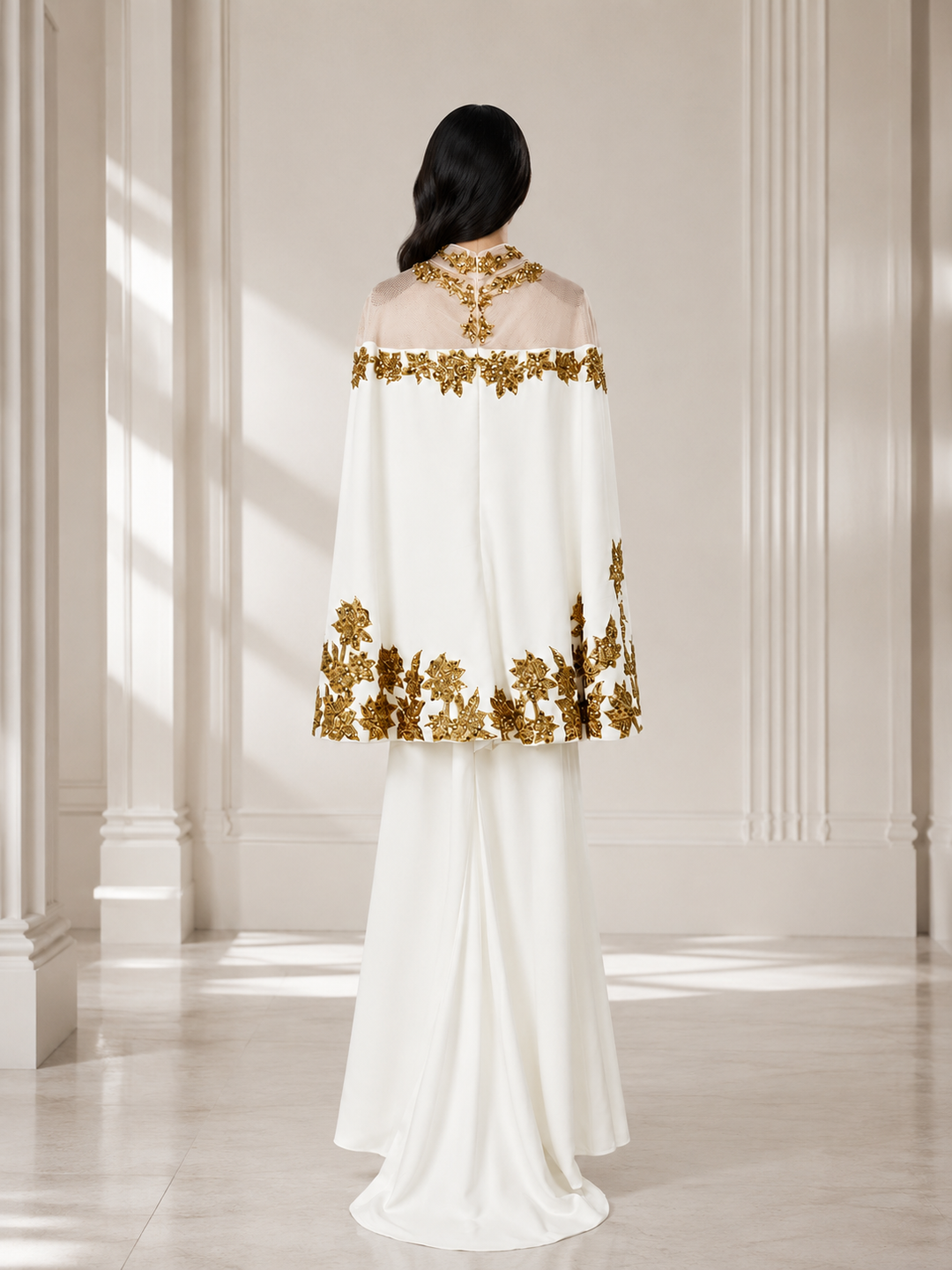 White & Gold Embellished Modest Evening Dress - Majesty