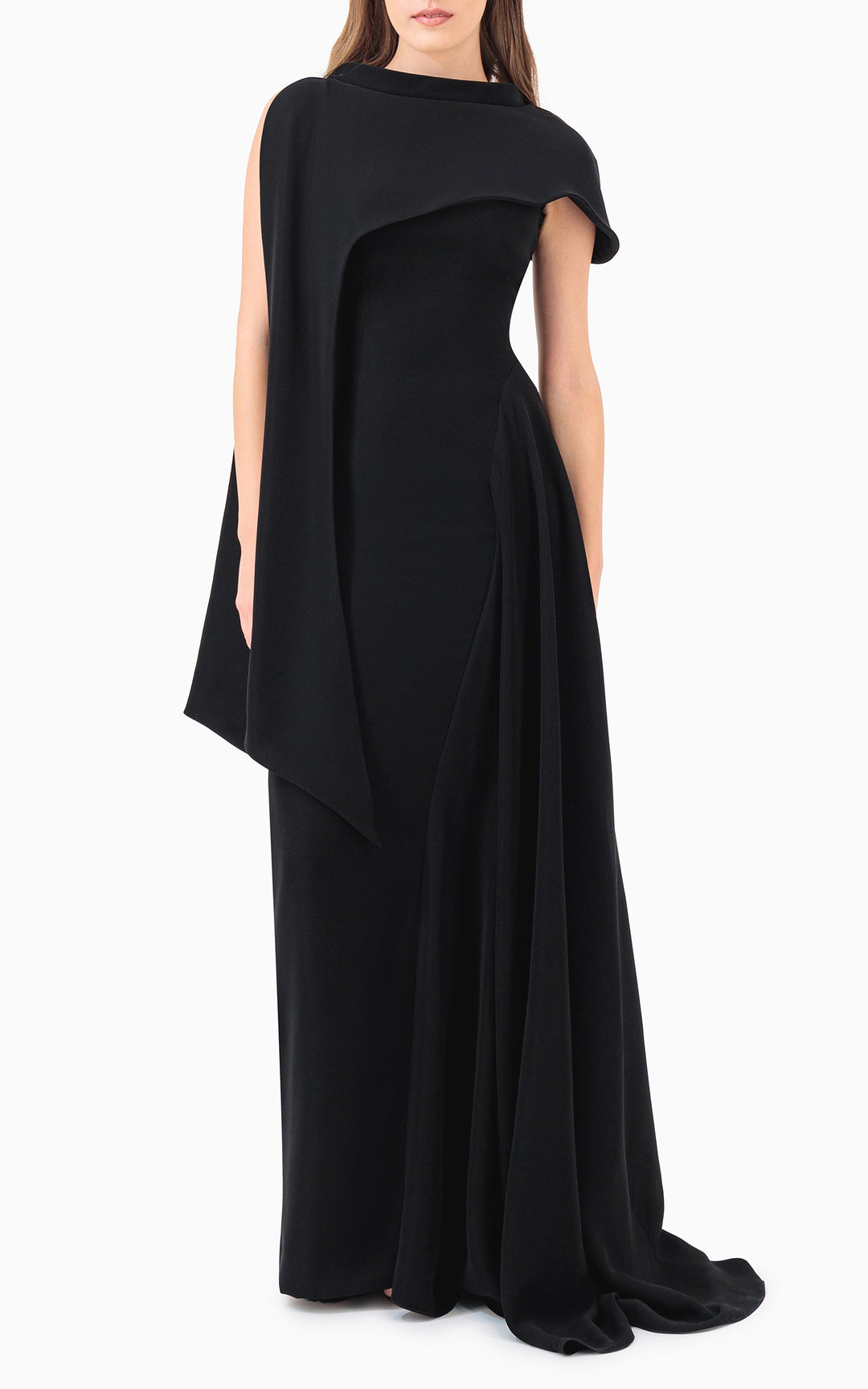 asymmetric draped gown with sculpted shoulder cape – NOIR