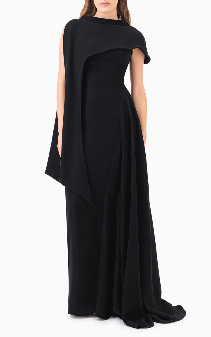 asymmetric draped gown with sculpted shoulder cape – NOIR
