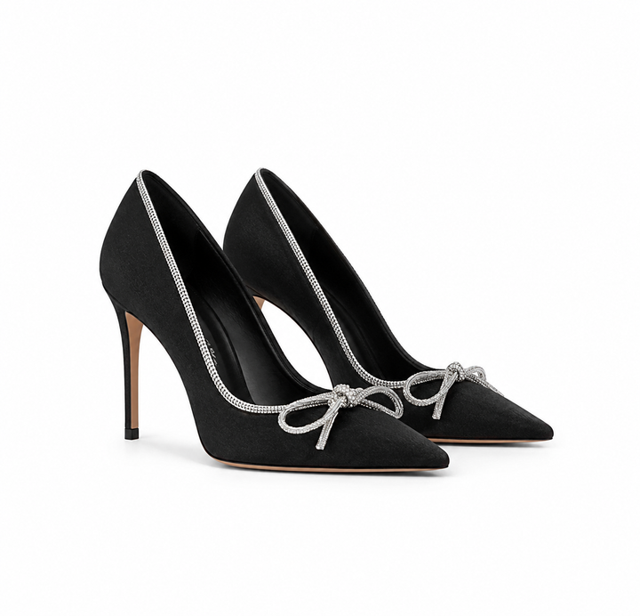Crystal-Trimmed Bow Satin Pumps – ELYSIA