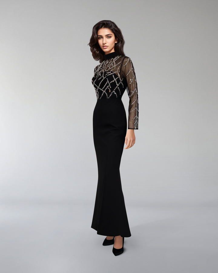 Beaded column dress with see-through top