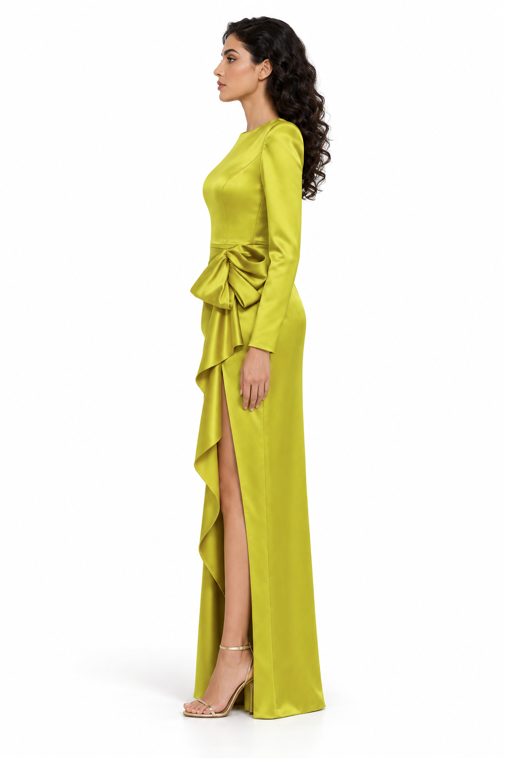Satin Draped Bow Gown - Lime