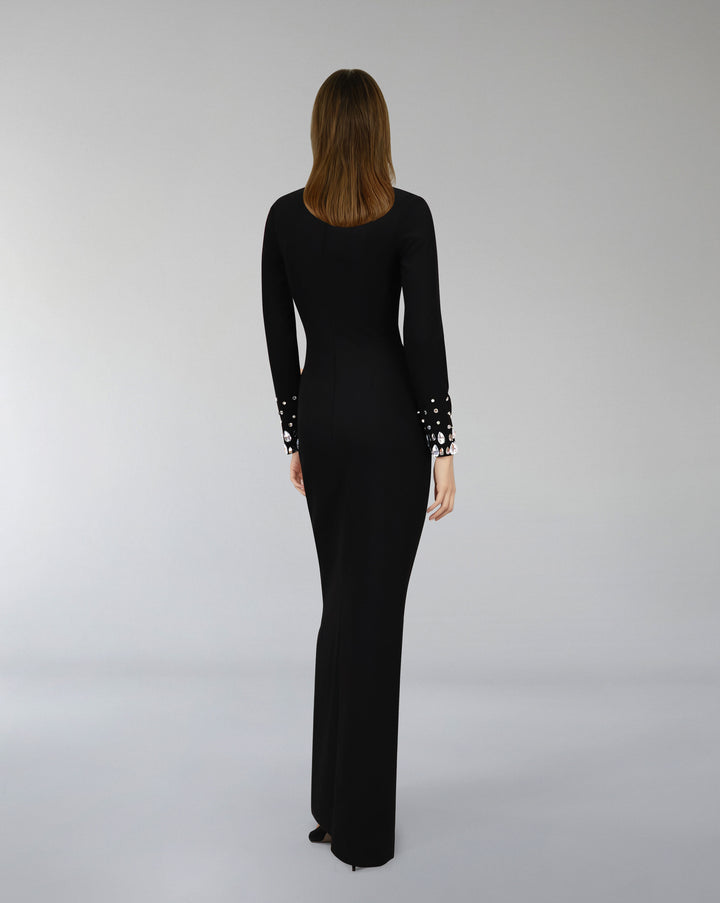 Long sleeves column dress with beaded neckline  - ZORINA