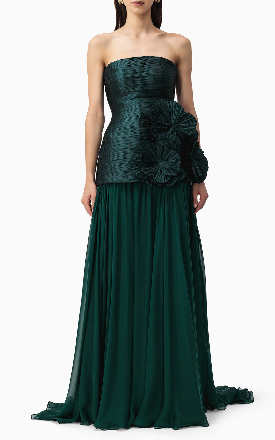 strapless pleated gown with oversized floral appliqués – EMERALD