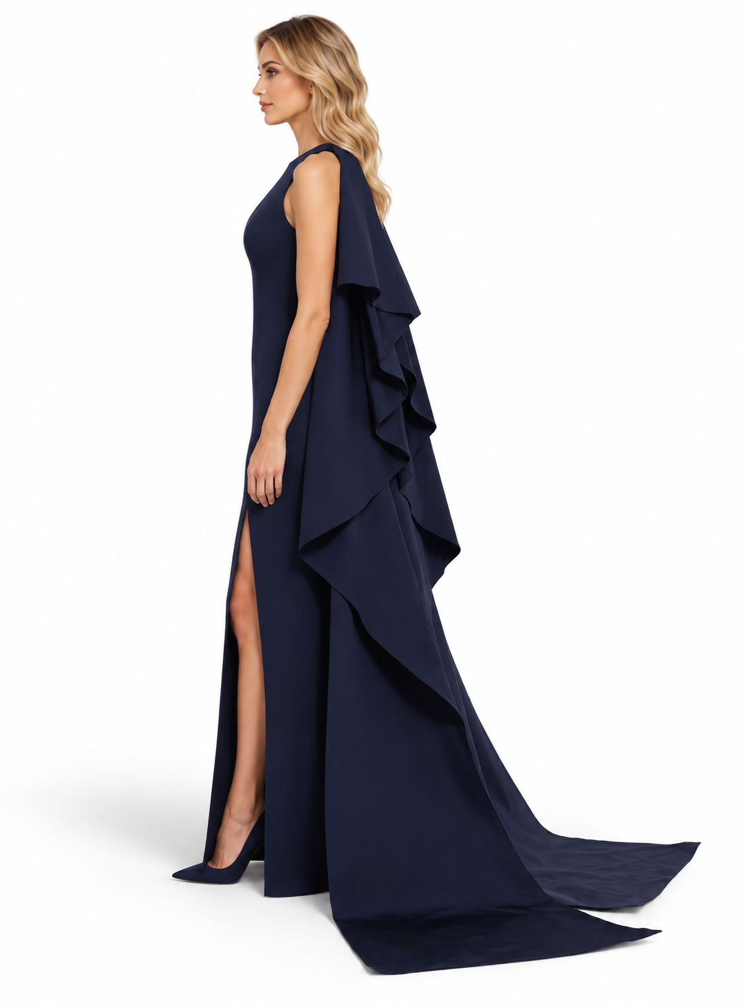 Navy Blue High-Neck Cape Maxi Dress - Valentina