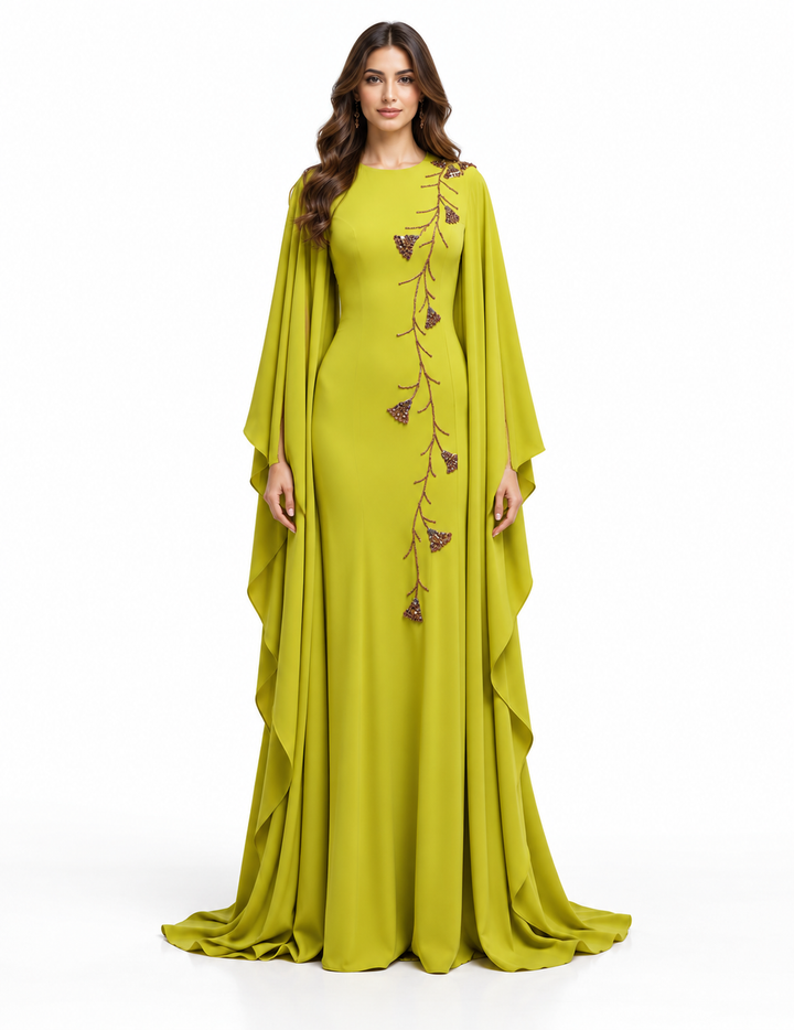Embroidered Cape Sleeve Evening Gown - Botanica