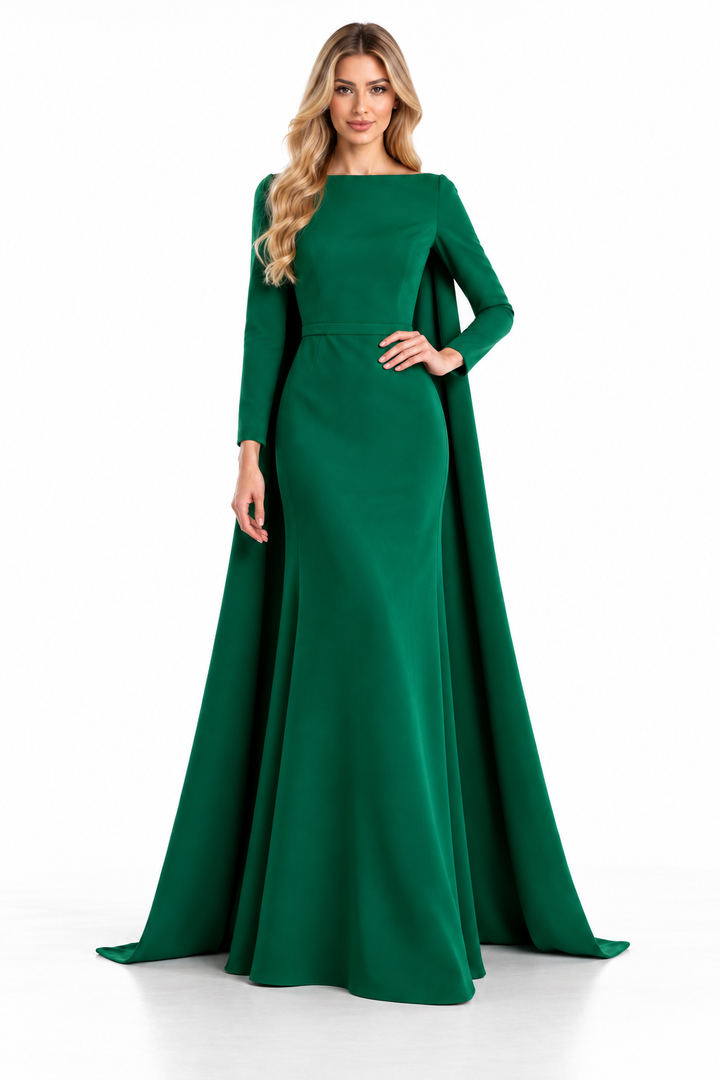 Emerald Green Long Sleeve Boat Neck Maxi Dress - Emerald