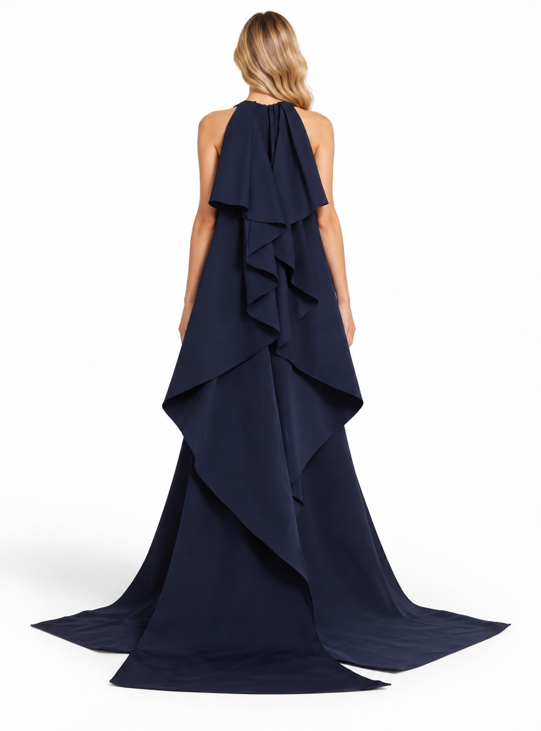 Navy Blue High-Neck Cape Maxi Dress - Valentina
