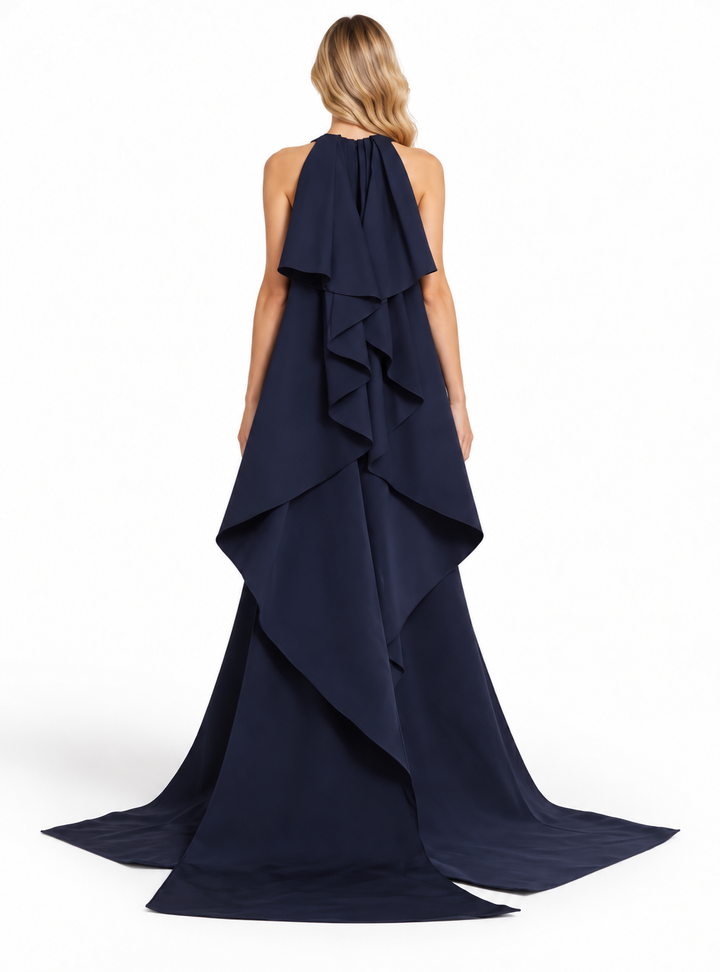 Navy Blue High-Neck Cape Maxi Dress - Valentina