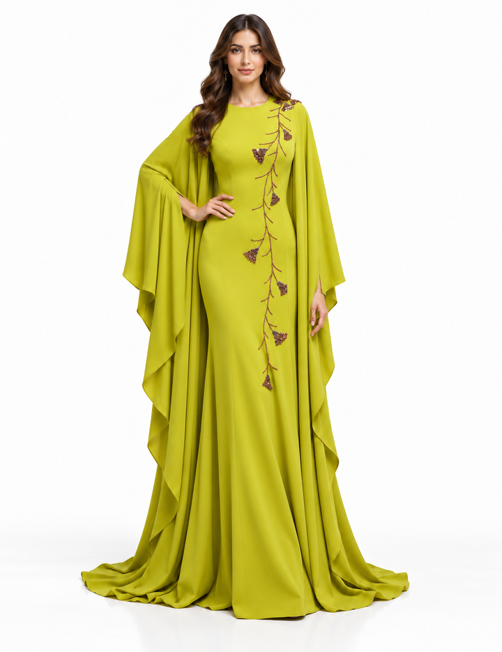 Embroidered Cape Sleeve Evening Gown - Botanica