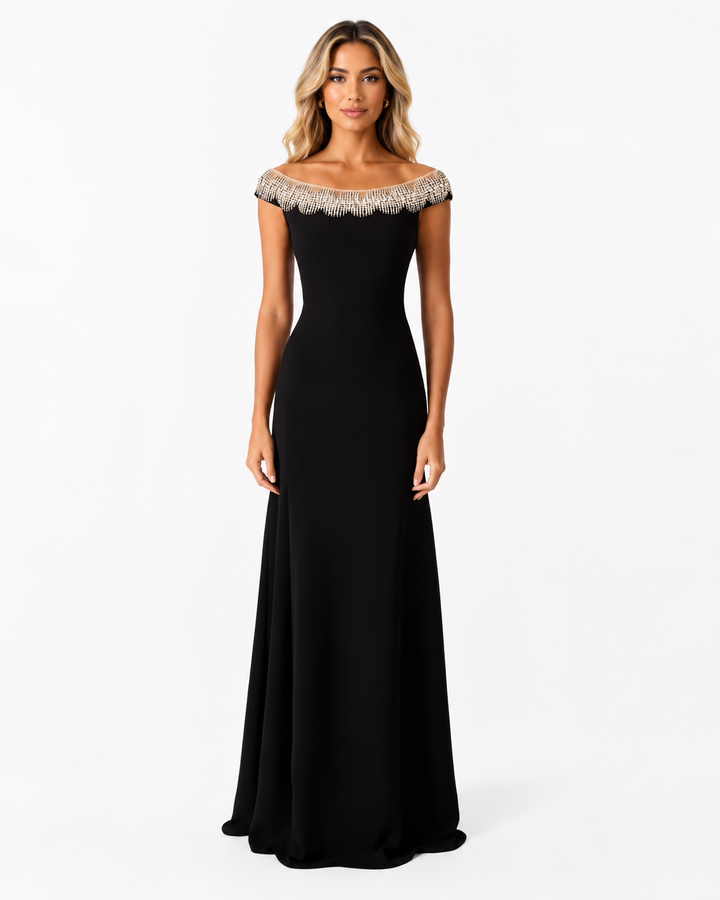 Crystal Fringe Off-Shoulder Gown - Elite
