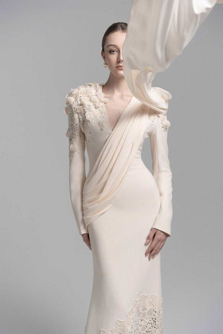 draped lace-embellished gown with floral shoulders – ELARIS