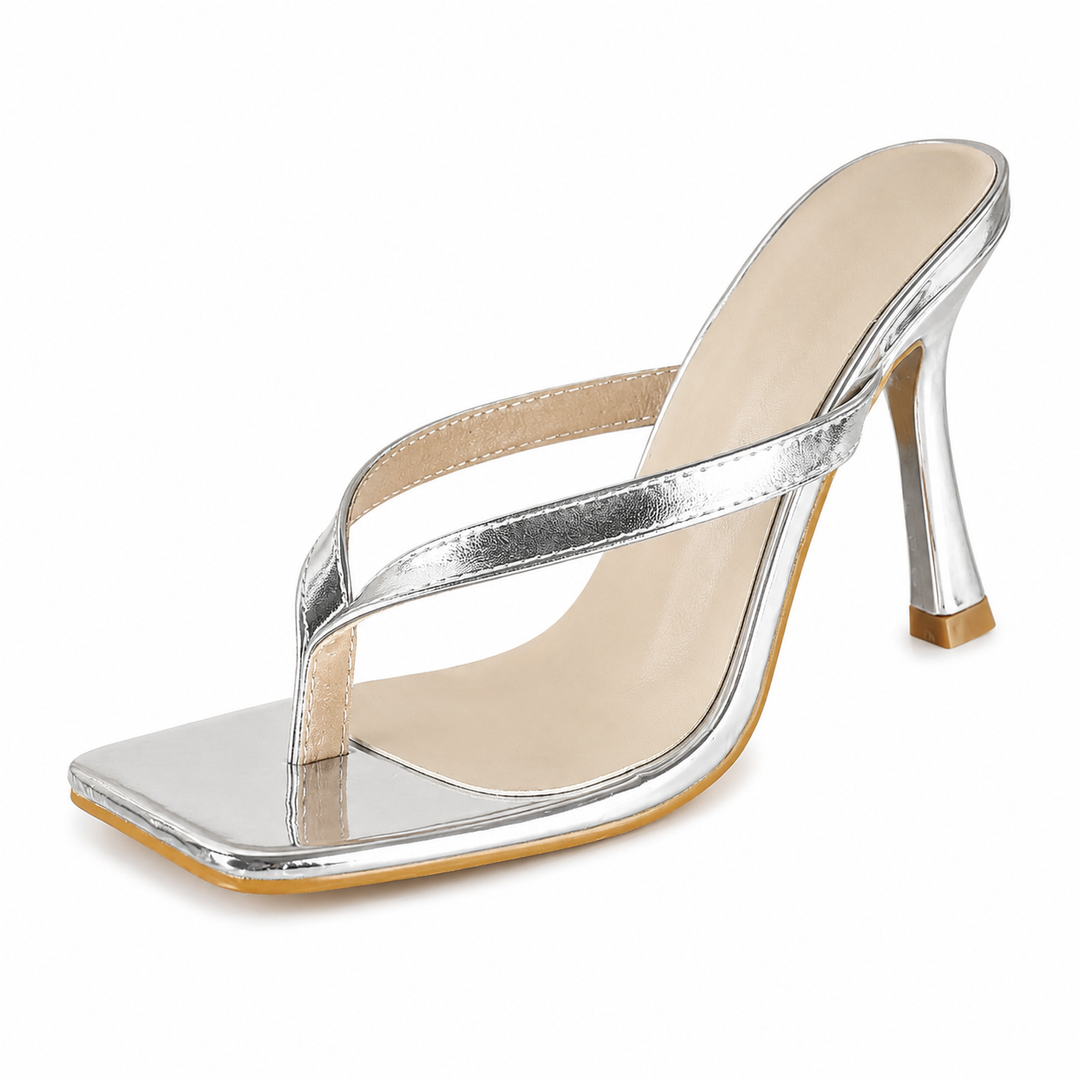 Square-Toe Thong Heeled Mules – Mocha