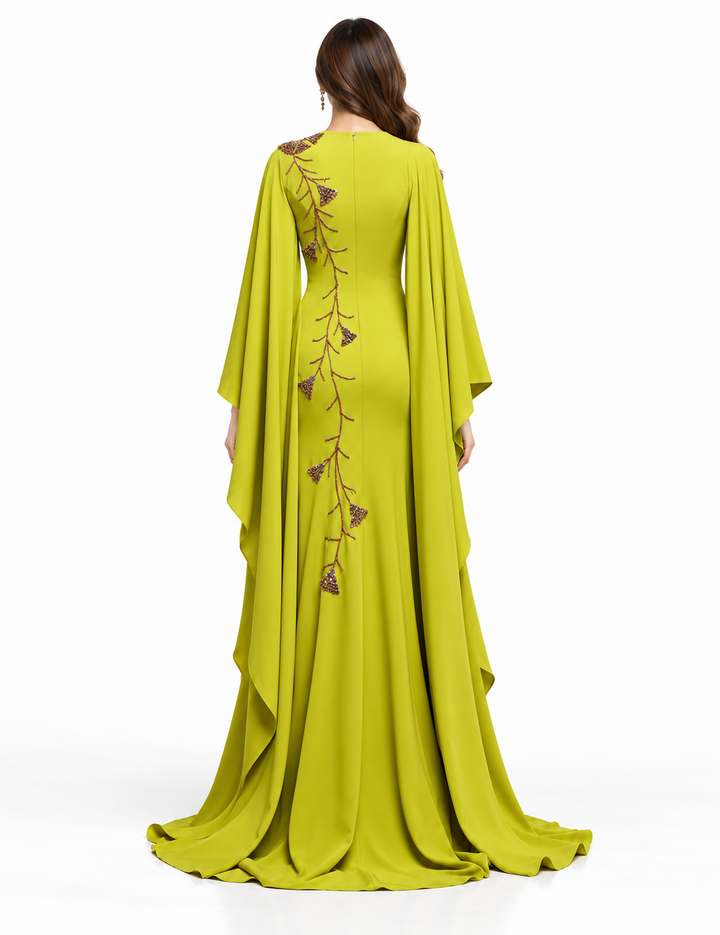 Embroidered Cape Sleeve Evening Gown - Botanica