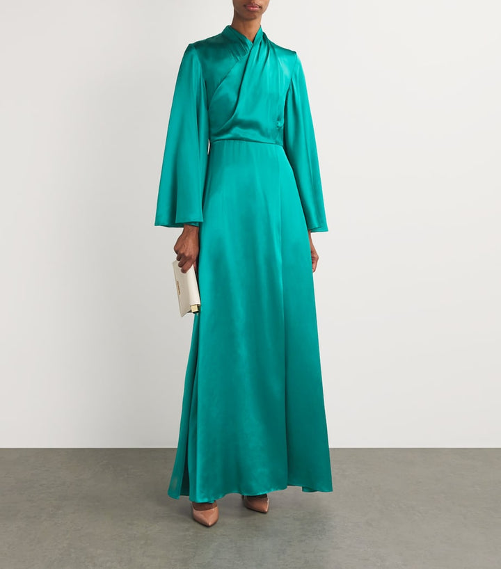 satin kimono-sleeve wrap gown – EMERALD