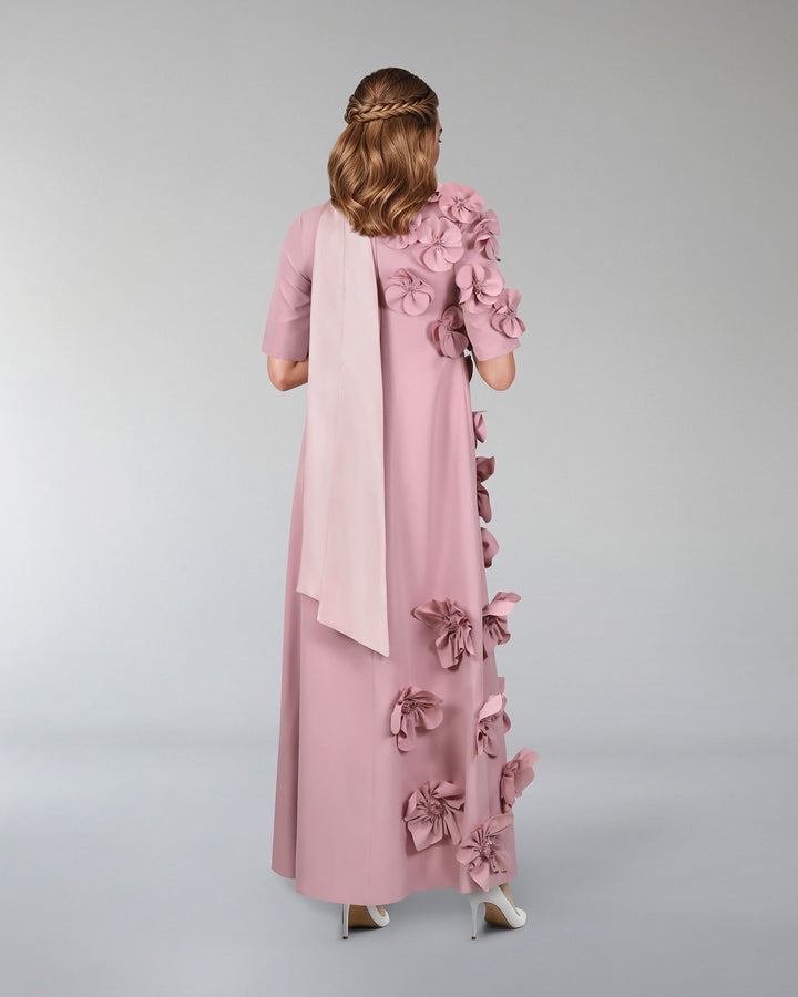 Flowered column dress with satin strips - ZOISH