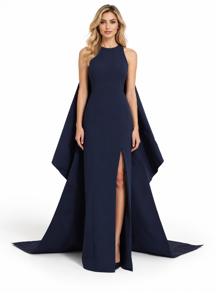 Navy Blue High-Neck Cape Maxi Dress - Valentina