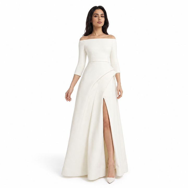 Ivory Off-Shoulder Ruffle Evening Gown – ELEGANCE