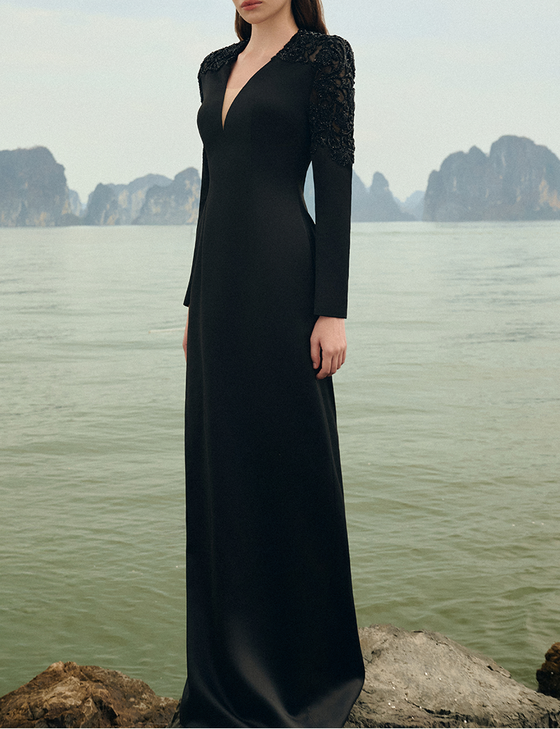 embellished shoulder gown with plunging neckline – NOCTURNE