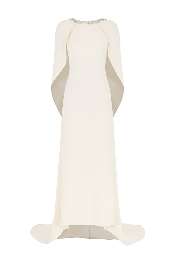 embellished cape-sleeve gown with clean column silhouette – IVORYE