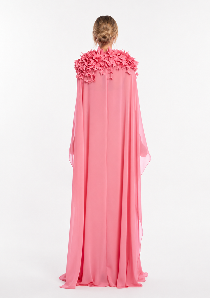 Floral Collar Chiffon Kaftan Gown - Blush