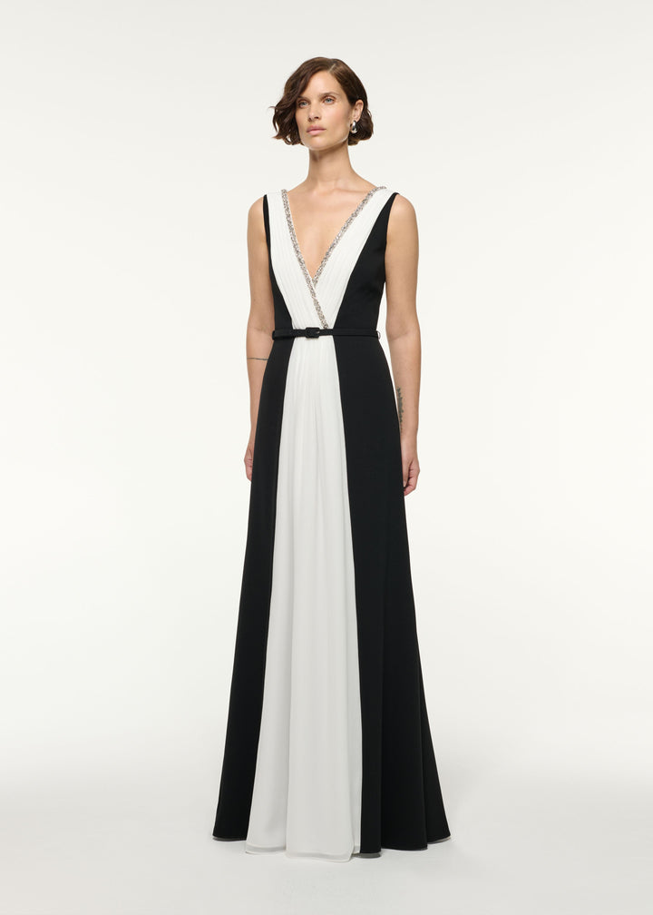 two-tone pleated gown with embellished V-neck – AURELIA