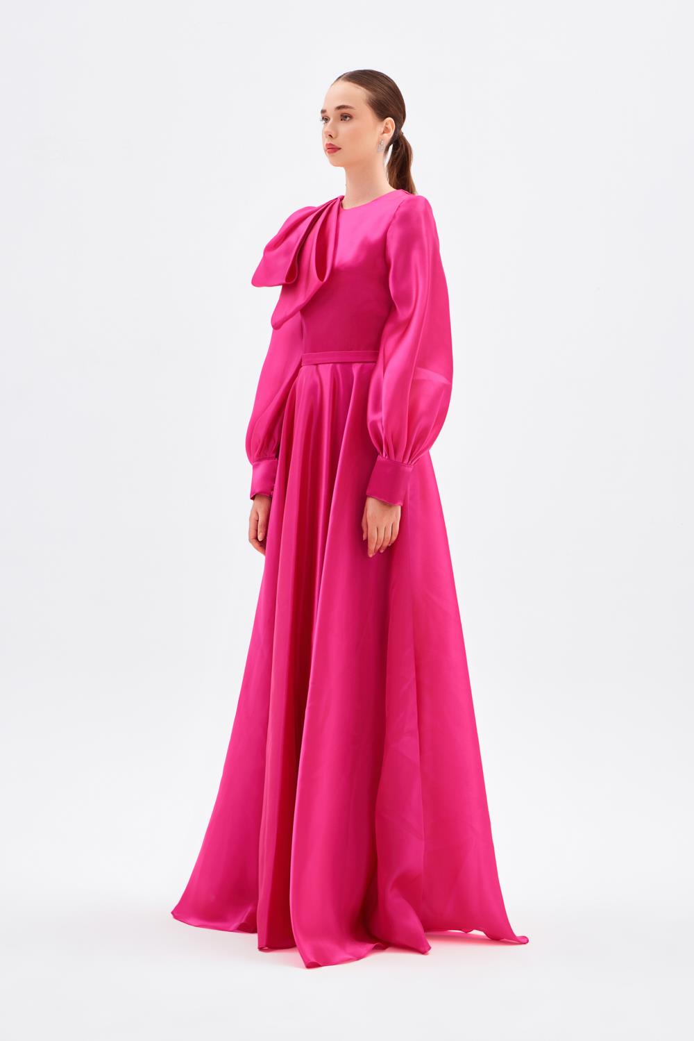 long-sleeve satin gown with sculpted shoulder bow – FUCHSIAE