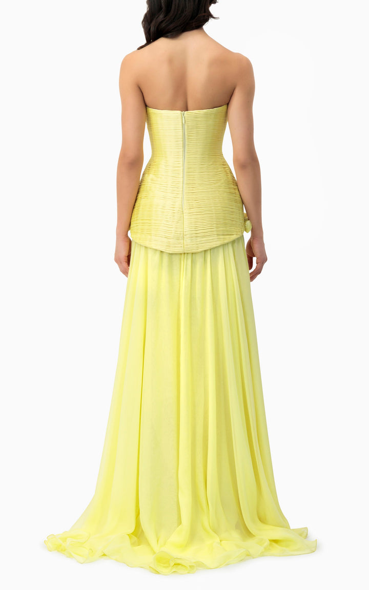 strapless pleated gown with floral trim – MARIGOLD