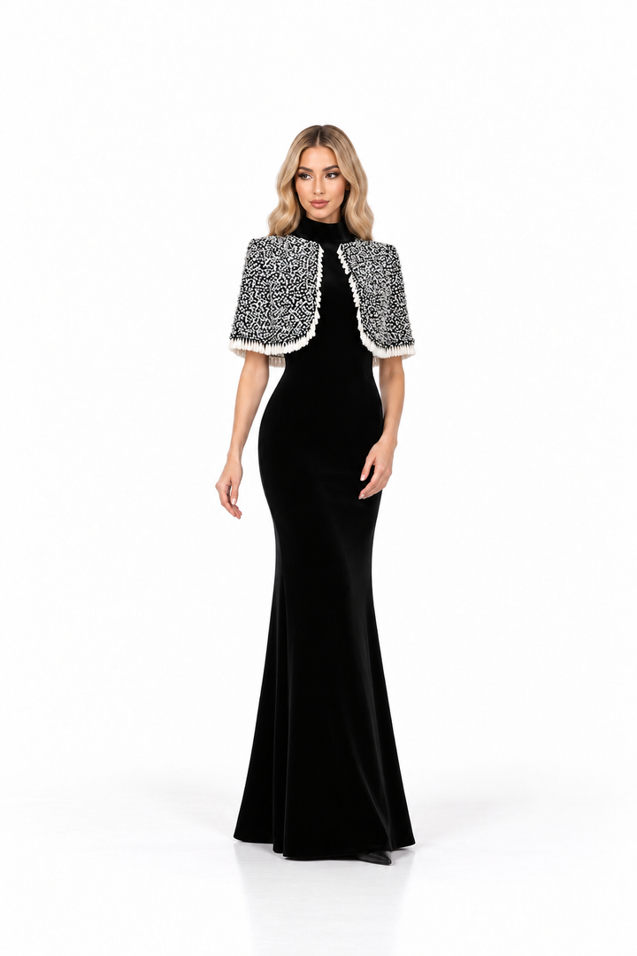 Embellished Cape Column Gown - Noir
