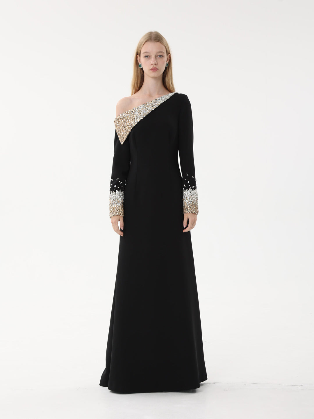 one-shoulder gown with crystal embellished cape sleeve – AURORA