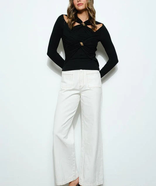 cutout wrap top with gold clasp detail – EMBRACE